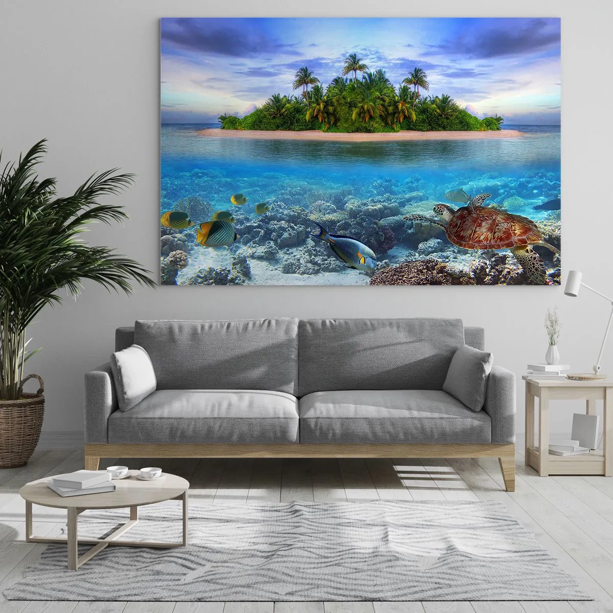 Schilderen op glas - Een tropisch eiland met een koraalrif en zeeleven - 70x50cm - Hemels eiland nodigt je uit - Moderne wanddecoratie voor woonkamer en slaapkamer ARTTOR
