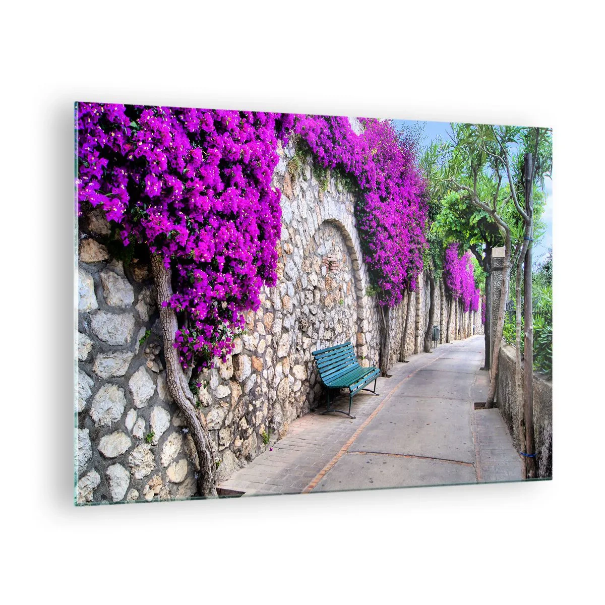 Schilderen op glas - Een stenen muur met paarse bloemen en een bankje langs het pad - 70x50cm - Laten we elkaar zo snel mogelijk ontmoeten - Moderne wanddecoratie voor woonkamer en slaapkamer ARTTOR