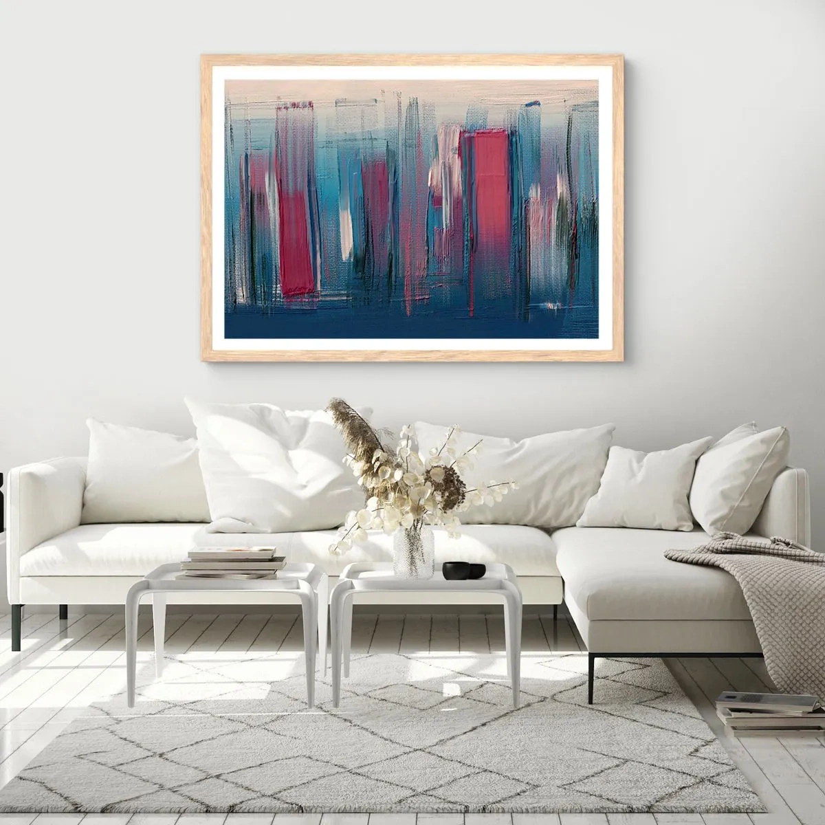Een poster in een licht eiken lijst - Verticale compositie in blauw en rood - 70x50 cm