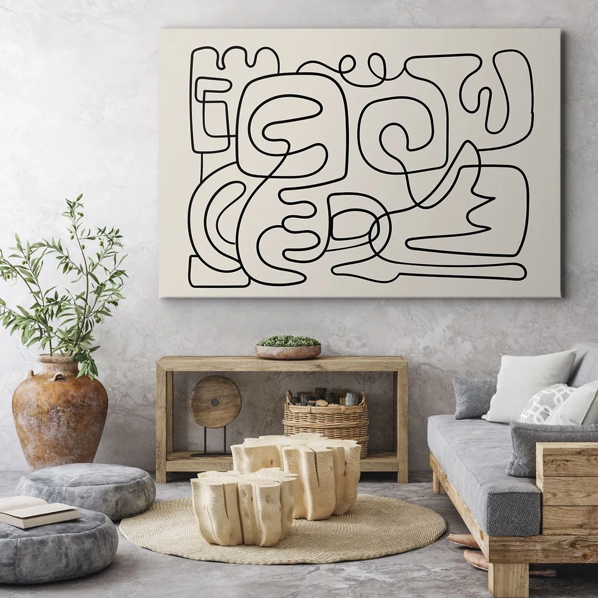 Schilderen op canvas - Abstract lijnkunstpatroon in zwart op een lichte achtergrond - 70x50cm - Volg het pad - Moderne wanddecoratie voor woonkamer en slaapkamer ARTTOR