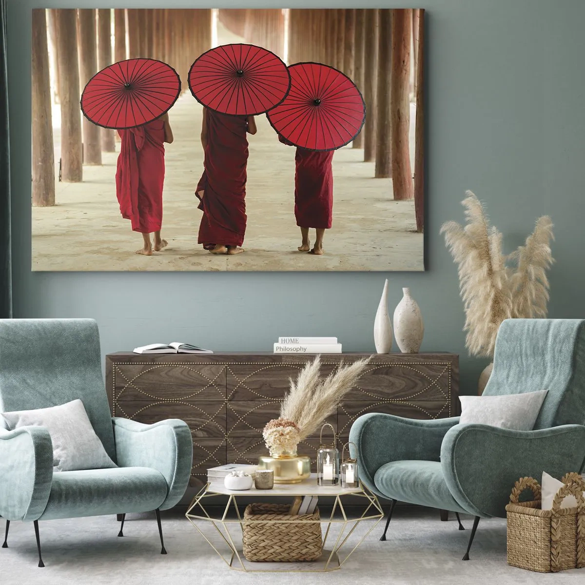 Schilderen op canvas - Drie monniken met rode paraplu's in traditionele architectuur - 70x50cm - Op weg naar het Zuivere Land - Moderne wanddecoratie voor woonkamer en slaapkamer ARTTOR