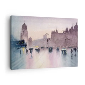 Schilderen op canvas - Een stadsstraat bij schemering in aquarelstijl - 70x50cm - In de regenachtige nevel - Moderne wanddecoratie voor woonkamer en slaapkamer ARTTOR