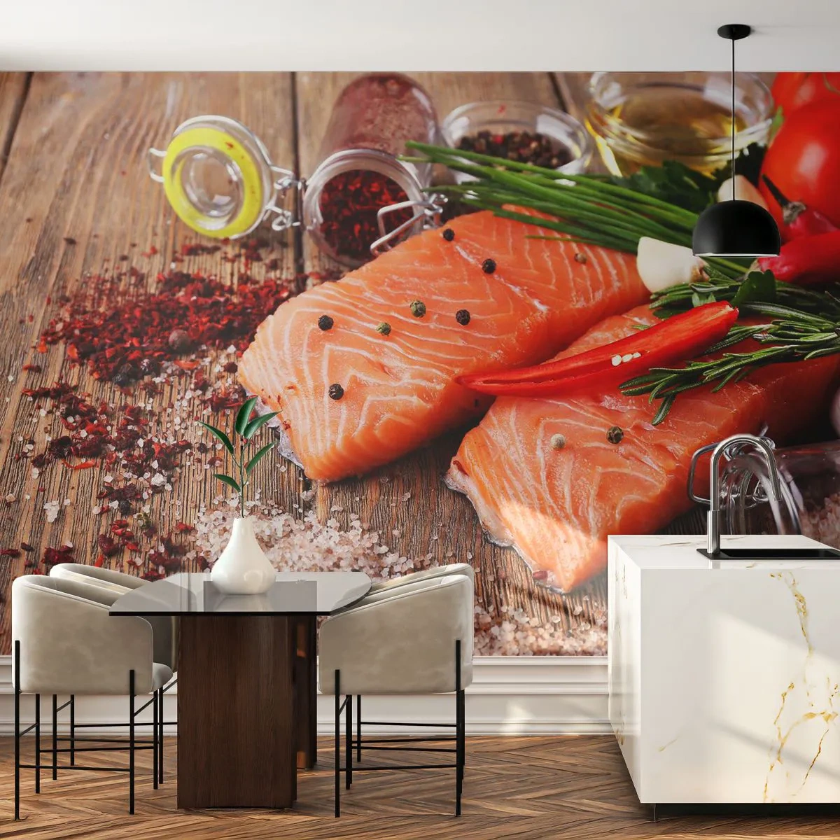 Fotobehang Premium Canvas - Noors avontuur in de keuken - Gastronomie, Zalm, Specerijen - 250x175 cm