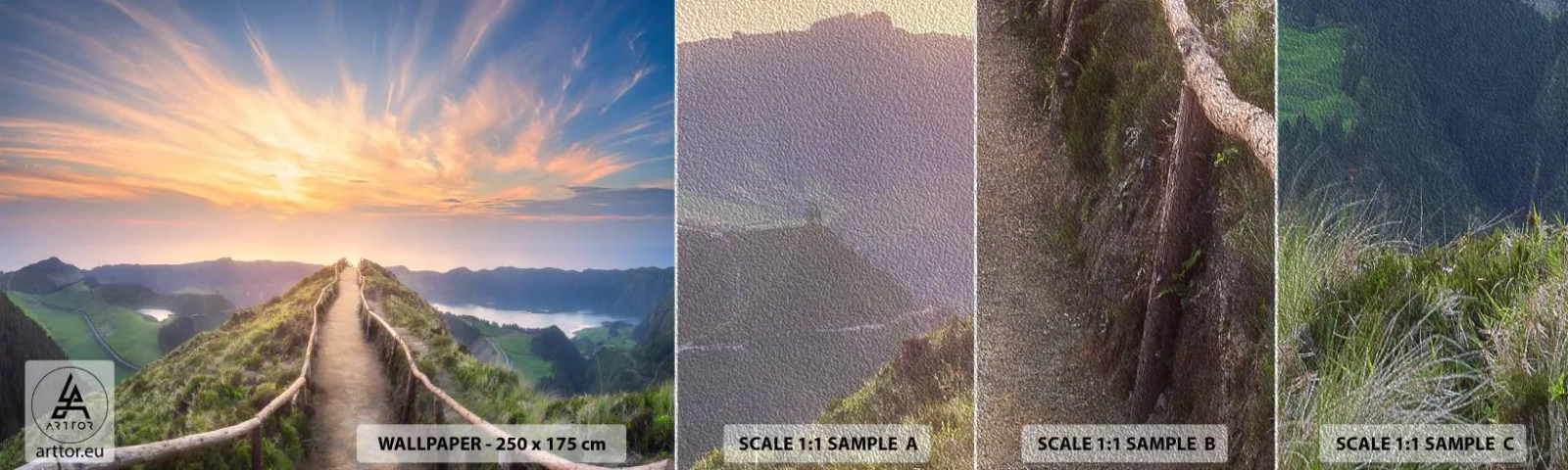 Fotobehang Monster Premium Sand - Dicht bij de hemel - Berglandschap, Natuur, Zonsondergang - 100x30 cm