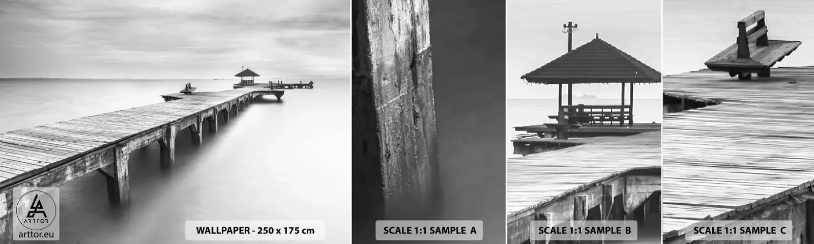 Fotobehang Staaltje Standard Eco - In de verte - Landschap, Zee, Houten brug - 100x30 cm