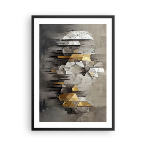 Poster in een zwarte lijst - Geometrische abstractie in tinten grijs en goud - 50x70cm - Compositie van ijs en licht - Moderne wanddecoratie voor woonkamer en slaapkamer ARTTOR