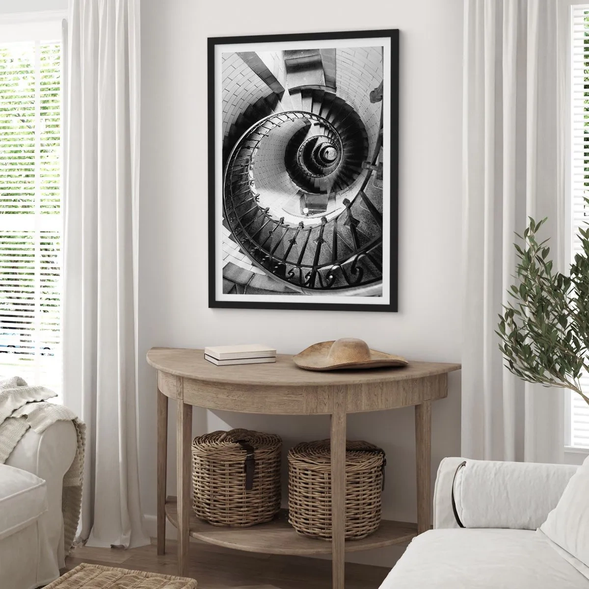 Poster in een zwarte lijst - Wenteltrap in zwart-wit perspectief - 50x70cm - Hoger en hoger - Moderne wanddecoratie voor woonkamer en slaapkamer ARTTOR