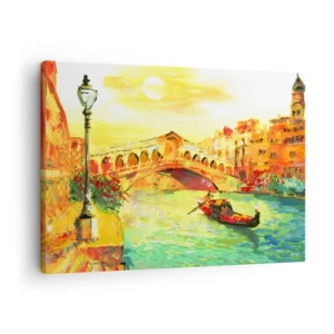 Schilderen op canvas - Een pittoreske brug over het kanaal met een gondel in het licht van de ondergaande zon - 70x50cm - Een pelgrimstocht van geliefden - Moderne wanddecoratie voor woonkamer en slaapkamer ARTTOR