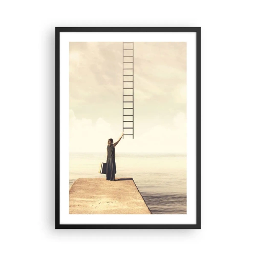 Poster in een zwarte lijst - Een vrouw op een pier die naar een ladder reikt die naar de hemel leidt - 50x70cm - Een magische reis - Moderne wanddecoratie voor woonkamer en slaapkamer ARTTOR