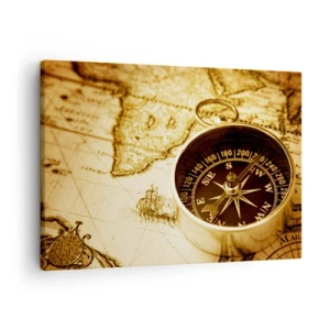 Schilderen op canvas - Een antiek kompas tegen de achtergrond van een oude wereldkaart - 70x50cm - Oost of west? - Moderne wanddecoratie voor woonkamer en slaapkamer ARTTOR