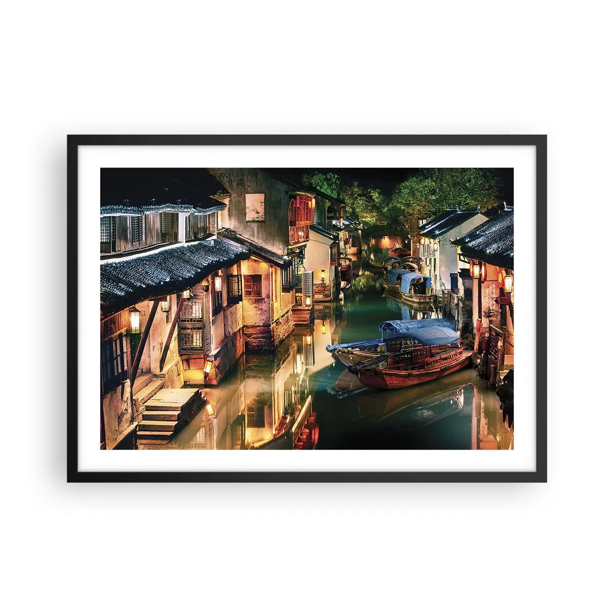 Poster in een zwarte lijst - Een avond op een Chinese straat - 70x50 cm