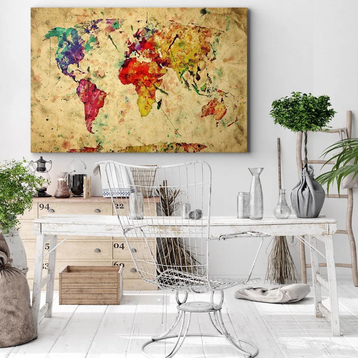 Schilderen op canvas - Een kleurrijke, artistieke interpretatie van de wereldkaart - 70x50cm - Leven als kleurrijk kaartpapier - Moderne wanddecoratie voor woonkamer en slaapkamer ARTTOR
