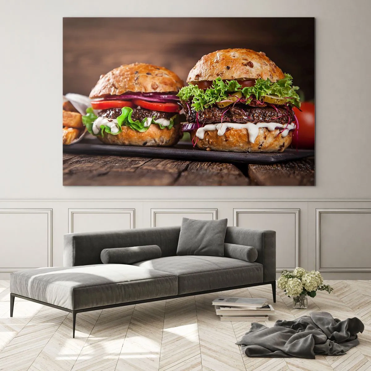 Schilderen op glas - Smakelijke hamburgers met groenten en saus - 70x50cm - Amerikaanse droom - Moderne wanddecoratie voor woonkamer en slaapkamer ARTTOR