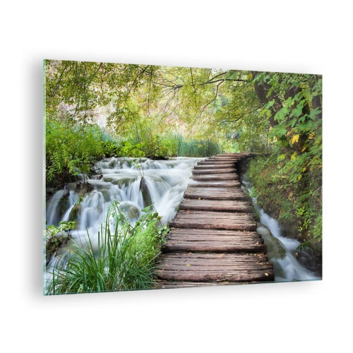 Schilderen op glas - Een brug in het bos over een beek - 70x50cm - Geen stilstaand water - Moderne wanddecoratie voor woonkamer en slaapkamer ARTTOR