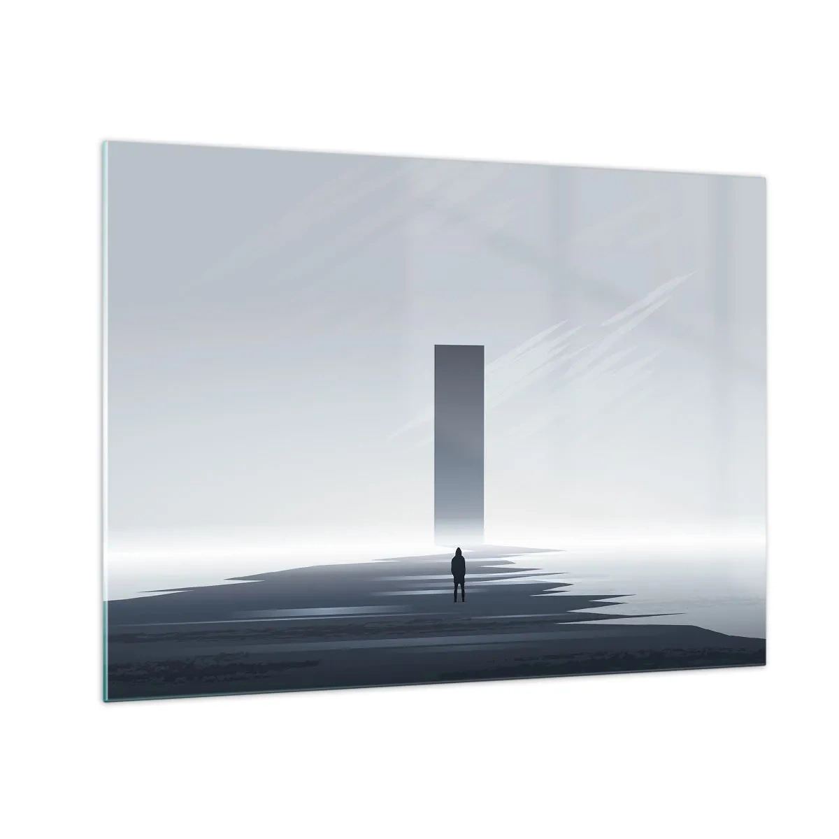 Schilderen op glas - Een minimalistisch landschap met een figuur en een monoliet in de verte. - 70x50cm - Kans of bedreiging? - Moderne wanddecoratie voor woonkamer en slaapkamer ARTTOR