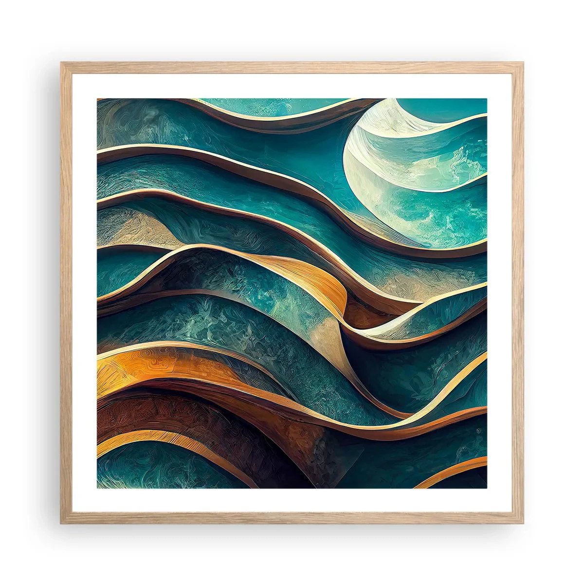Een poster in een licht eiken lijst - Meanders van blauw - 60x60 cm