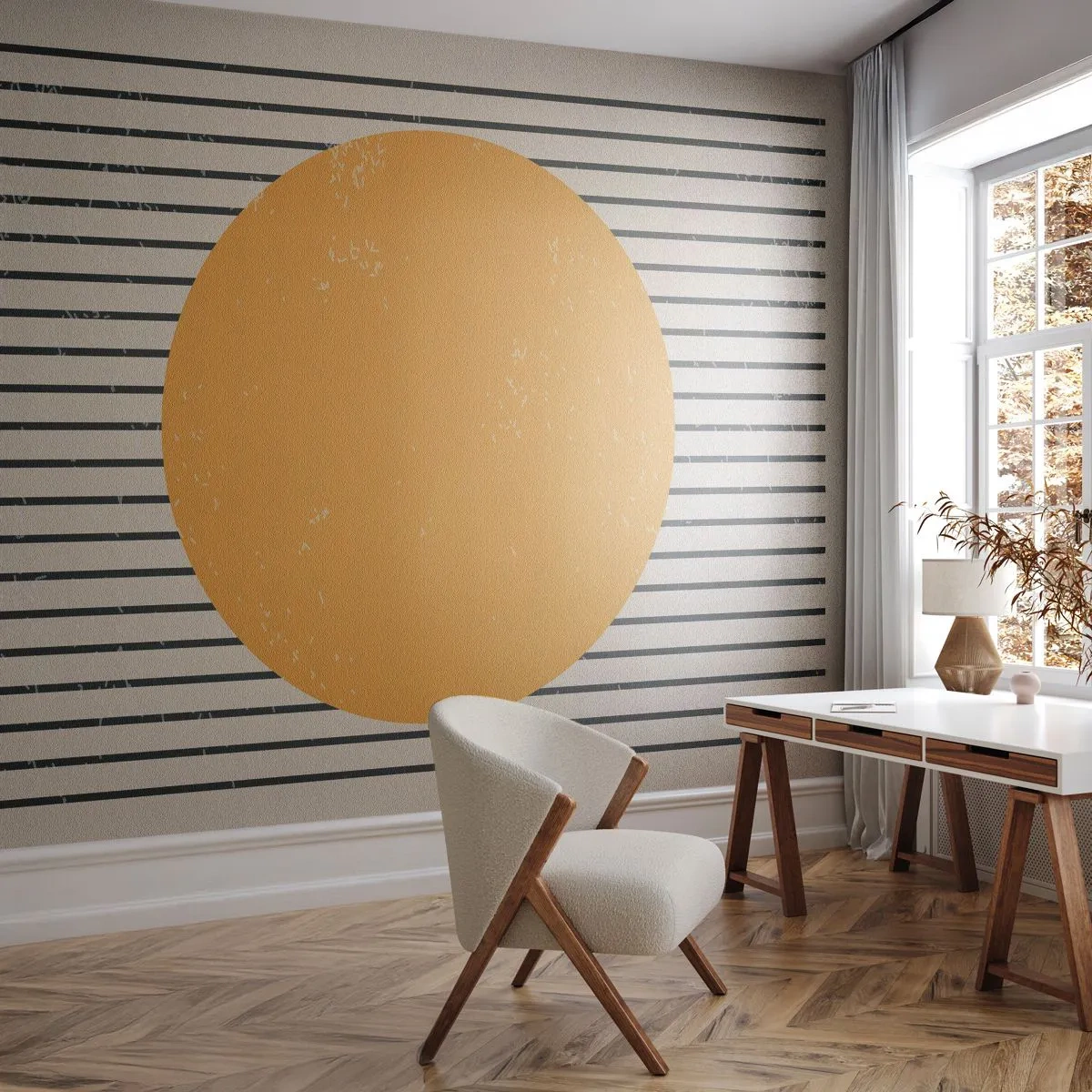 Fotobehang Standard Eco - De kracht van eenvoud - Zon, Wiel, Lijnen - 350x256 cm