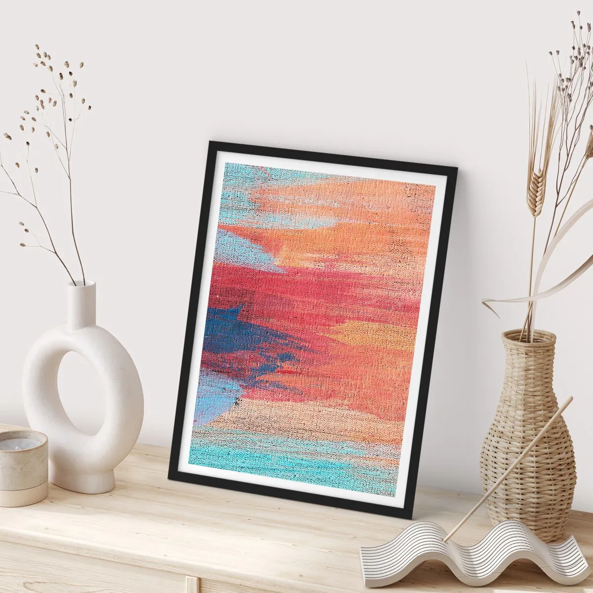 Poster in een zwarte lijst - Abstracte verfstreken in warme en koele tinten - 50x70cm - Ren door de regenboog - Moderne wanddecoratie voor woonkamer en slaapkamer ARTTOR
