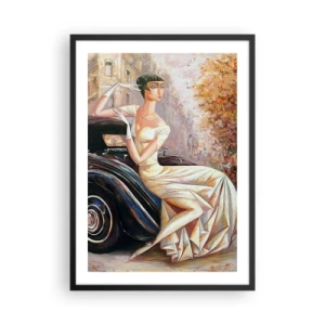 Poster in een zwarte lijst - Elegante vrouw naast een retro-auto in schilderachtige stijl - 50x70cm - Elegantie in retrostijl - Moderne wanddecoratie voor woonkamer en slaapkamer ARTTOR