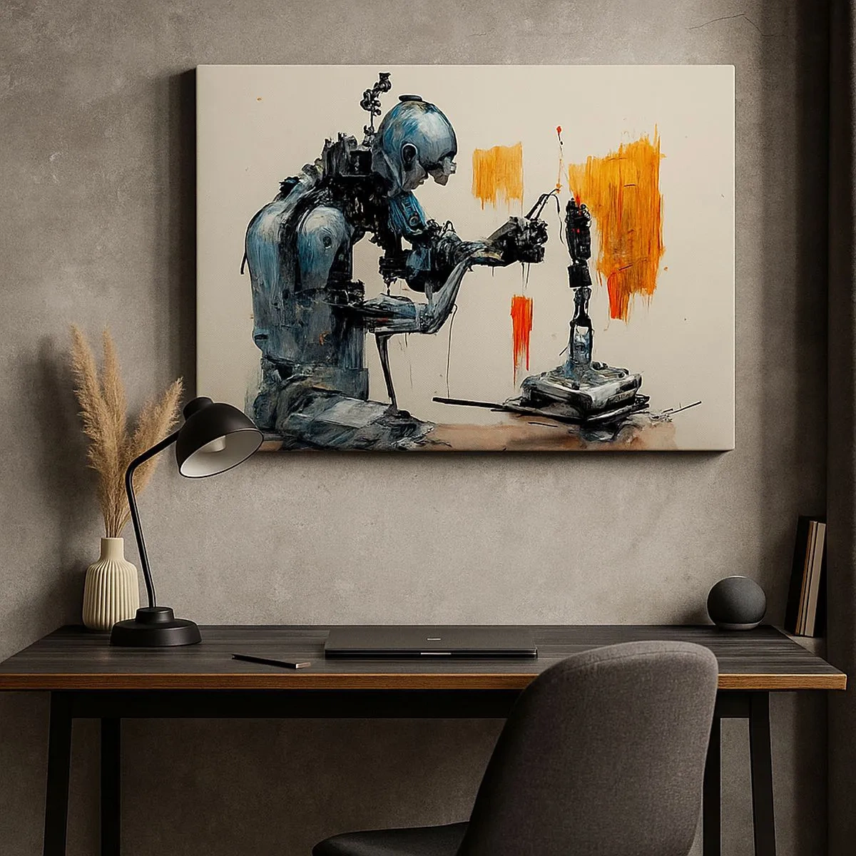 Schilderen op canvas - Robot aan het werk met abstracte achtergrond - 70x50cm - Morgen al… - Moderne wanddecoratie voor woonkamer en slaapkamer ARTTOR