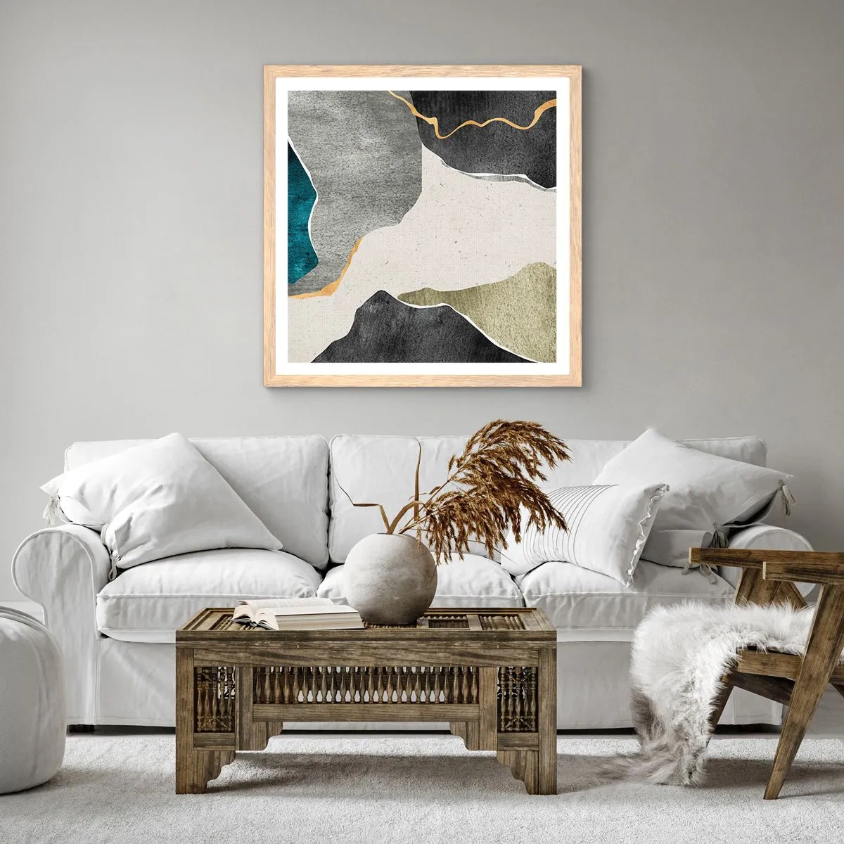 Een poster in een licht eiken lijst - Mozaïekcompositie met gouddraad - 30x30 cm