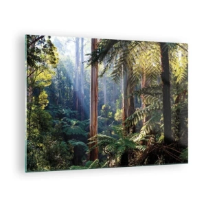 Schilderen op glas - Groen tropisch bos met zonnestralen - 70x50cm - Een bossprookje - Moderne wanddecoratie voor woonkamer en slaapkamer ARTTOR