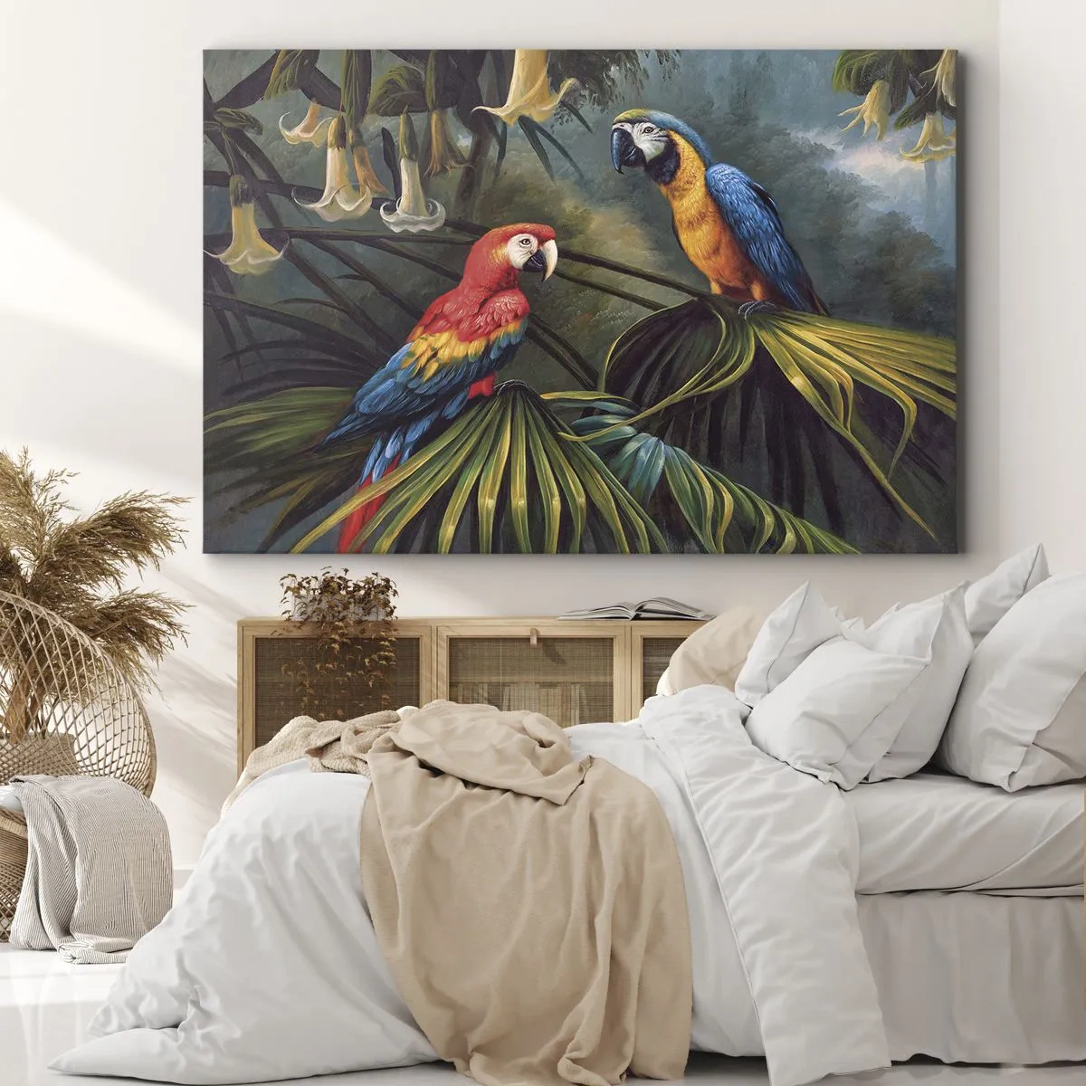 Schilderen op canvas - Papegaaien in een tropisch bos met exotische bloemen op de achtergrond - 70x50cm - Romantiek in de tropen - Moderne wanddecoratie voor woonkamer en slaapkamer ARTTOR