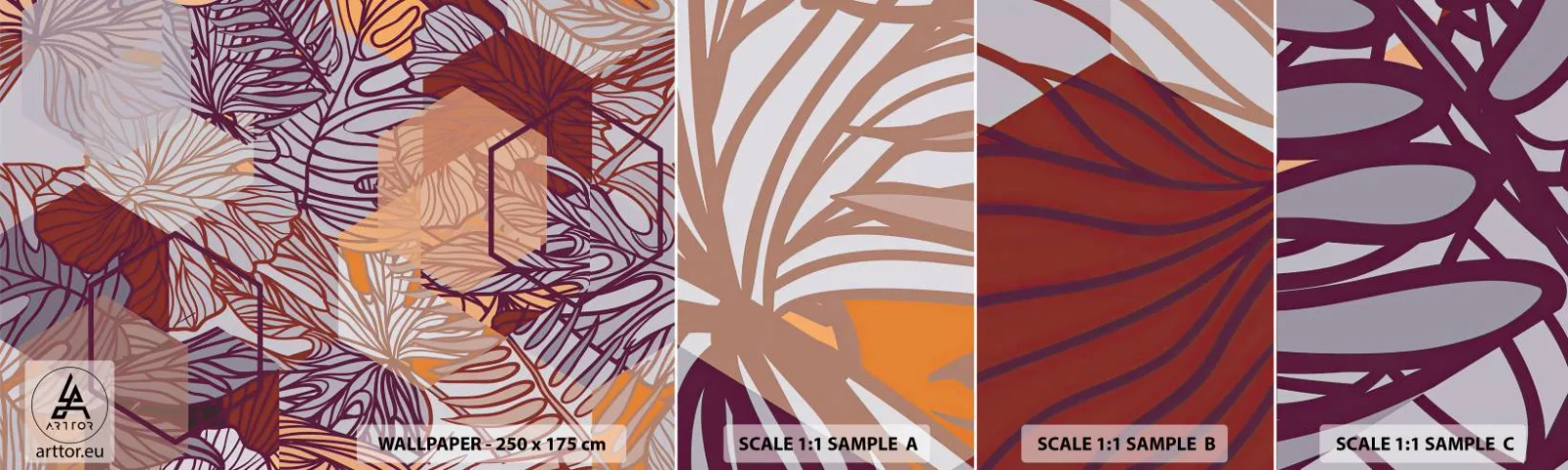 Fotobehang Monster Zelfklevend Deluxe Sticker - Onmogelijke relatie tussen geometrie en natuur - Abstractie, Grafisch, Bladeren - 100x30 cm