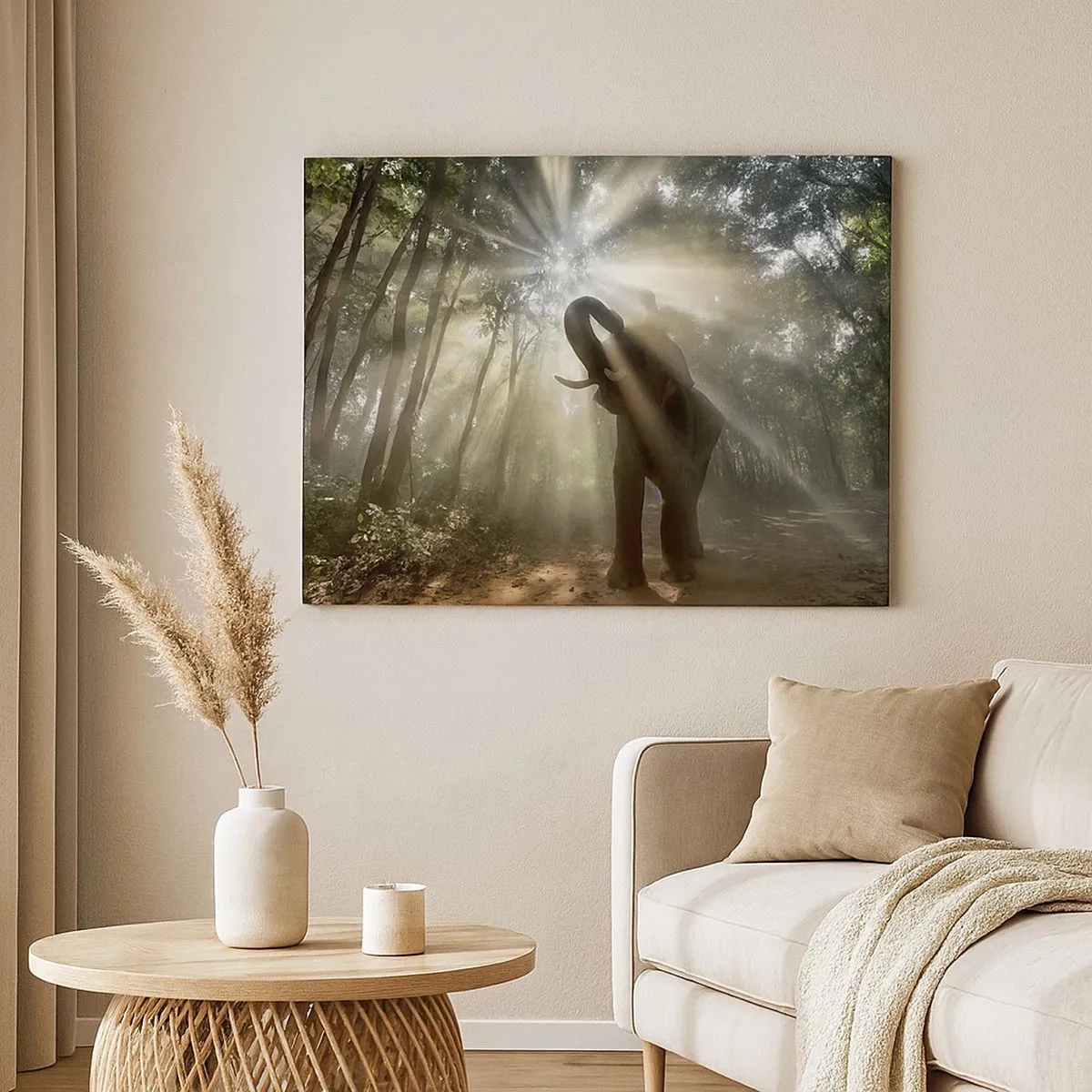 Schilderen op canvas - Een olifant in het bos, omringd door lichtstralen in de ochtendmist - 70x50cm - Onder de gelukkige ster - Moderne wanddecoratie voor woonkamer en slaapkamer ARTTOR