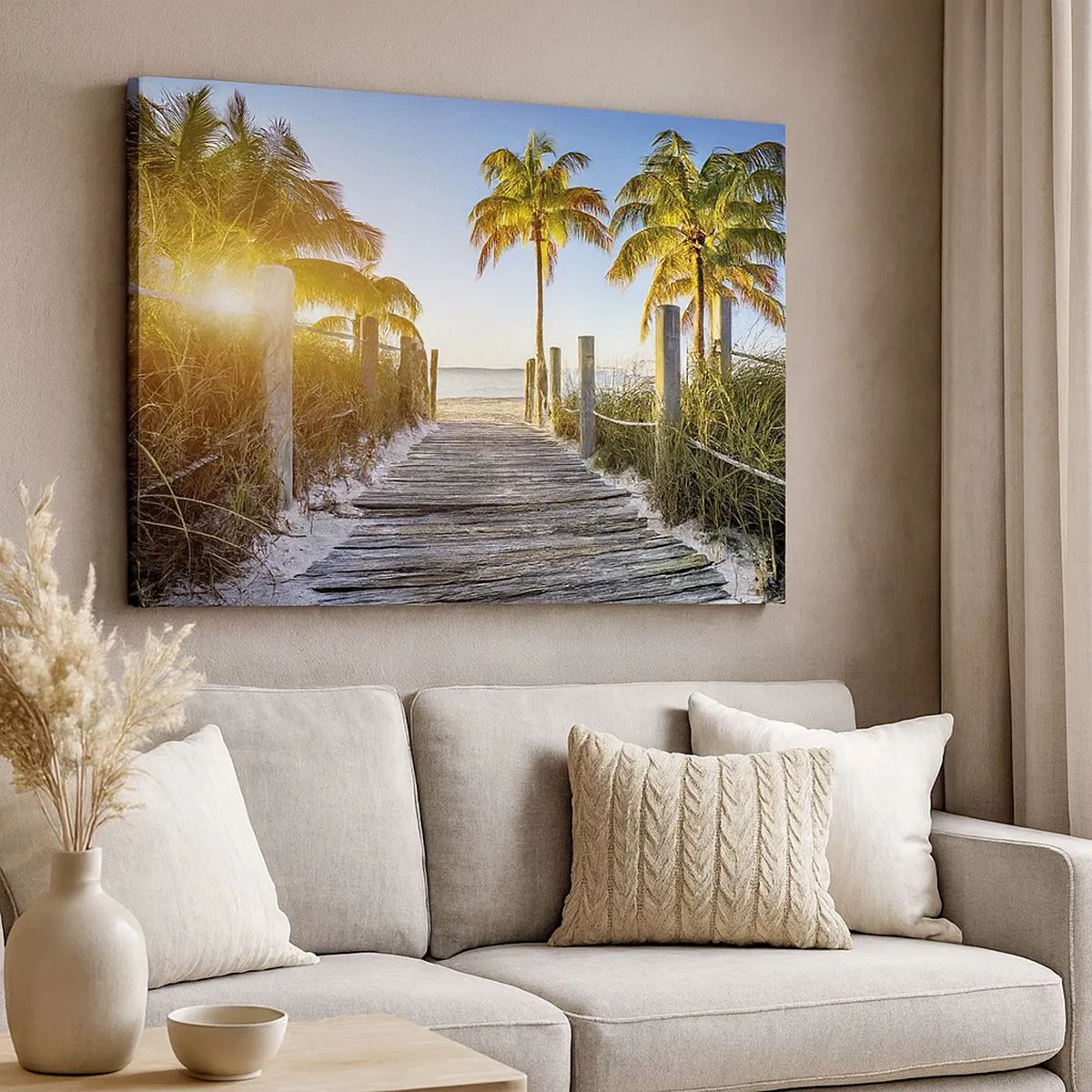 Schilderen op canvas - Houten pad op het strand met palmbomen op de achtergrond - 70x50cm - Rechtstreeks naar het paradijs - Moderne wanddecoratie voor woonkamer en slaapkamer ARTTOR