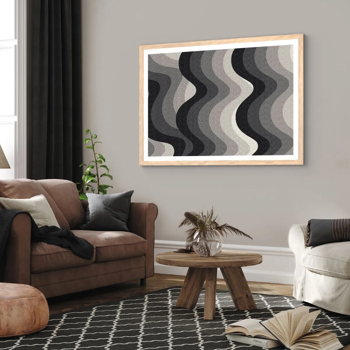 Een poster in een licht eiken lijst - Golf na golf - 100x70 cm