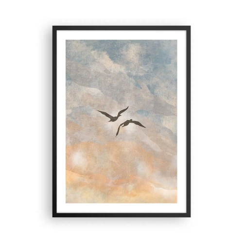 Poster in een zwarte lijst - Twee vogels vliegen tegen de lucht, in delicate tinten blauw en oranje. - 50x70cm - Hemeldans - Moderne wanddecoratie voor woonkamer en slaapkamer ARTTOR