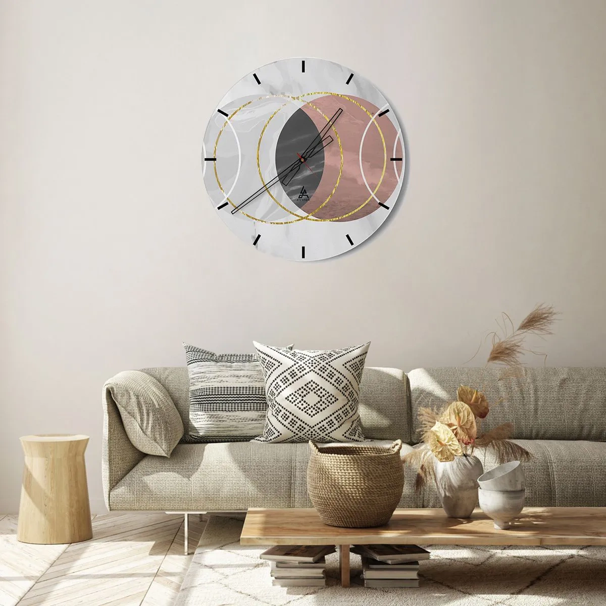 Wandklok - Klok - Geometrische cirkels in tinten grijs en koper met gouden accenten - 30x30cm - Muziek van de sferen - Moderne wanddecoratie voor woonkamer, keuken en slaapkamer ARTTOR