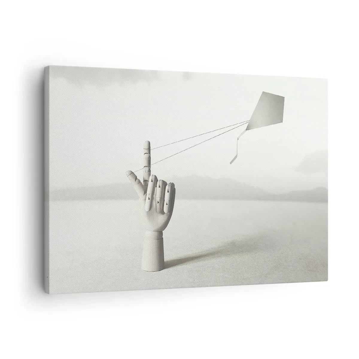 Schilderen op canvas - Een minimalistische houten hand met een vlieger tegen een landschapsachtergrond. - 70x50cm - Krachttest - Moderne wanddecoratie voor woonkamer en slaapkamer ARTTOR