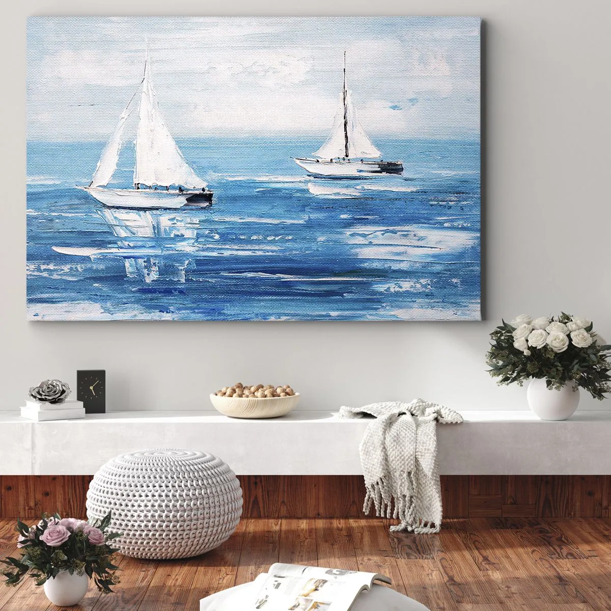 Schilderen op canvas - Jachten op de blauwe zee in artistieke stijl - 70x50cm - Met een vriend aan mijn zijde - Moderne wanddecoratie voor woonkamer en slaapkamer ARTTOR