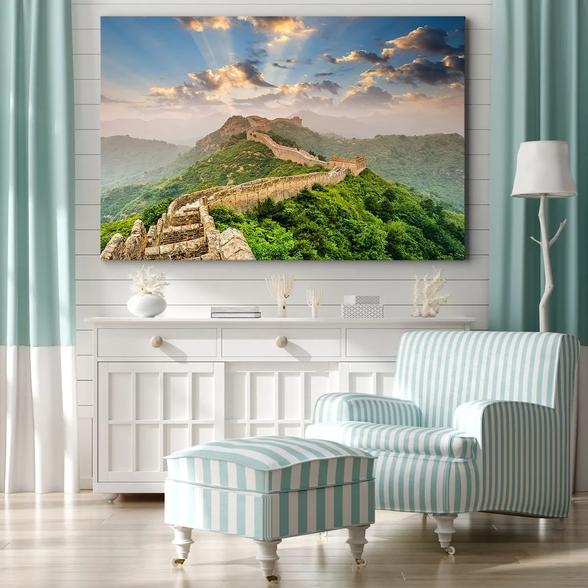 Schilderen op canvas - De Chinese Muur verlicht door zonlicht in een schilderachtig landschap - 70x50cm - Eeuwige grootheid - Moderne wanddecoratie voor woonkamer en slaapkamer ARTTOR