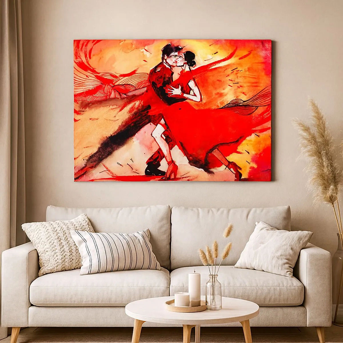 Schilderen op canvas - Een koppel danst tango in rode tinten tegen een dynamische achtergrond. - 70x50cm - Het paarse ritme van passie - Moderne wanddecoratie voor woonkamer en slaapkamer ARTTOR