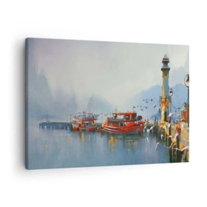Schilderen op canvas - Een haven met rode boten omgeven door een mistig landschap - 70x50cm - Aan het einde van de wereld - Moderne wanddecoratie voor woonkamer en slaapkamer ARTTOR
