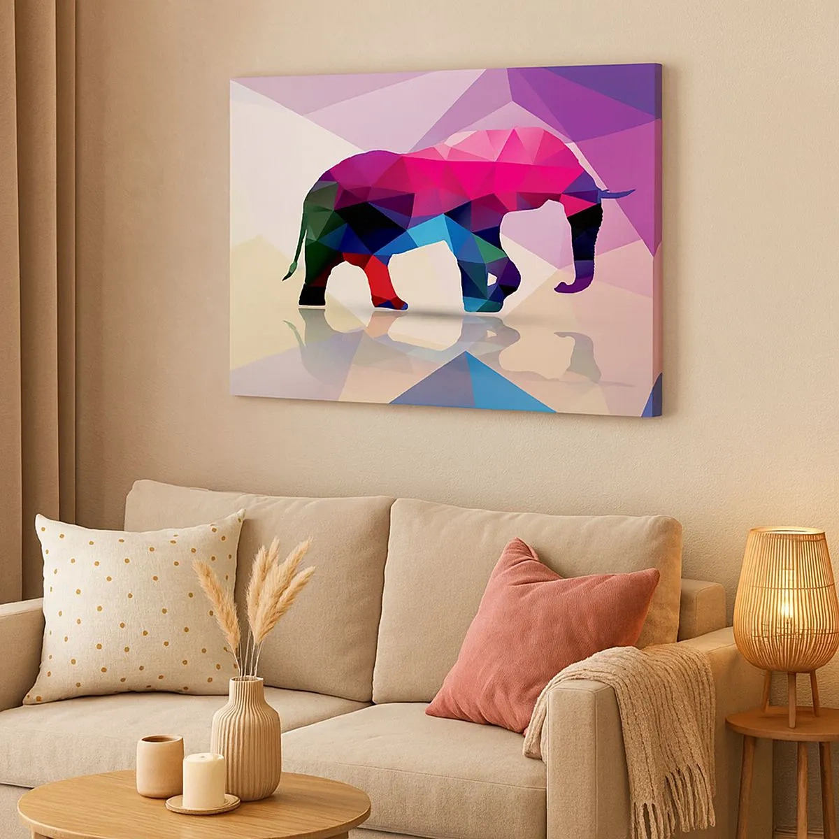 Schilderen op canvas - Geometrisch silhouet van een olifant in levendige kleuren - 70x50cm - Kristallen dinosaurus - Moderne wanddecoratie voor woonkamer en slaapkamer ARTTOR