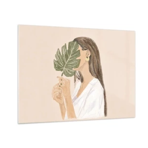 Schilderen op glas - Een vrouw met lang haar houdt een blad voor haar gezicht. - 70x50cm - Mysterieus portret met een waaier - Moderne wanddecoratie voor woonkamer en slaapkamer ARTTOR