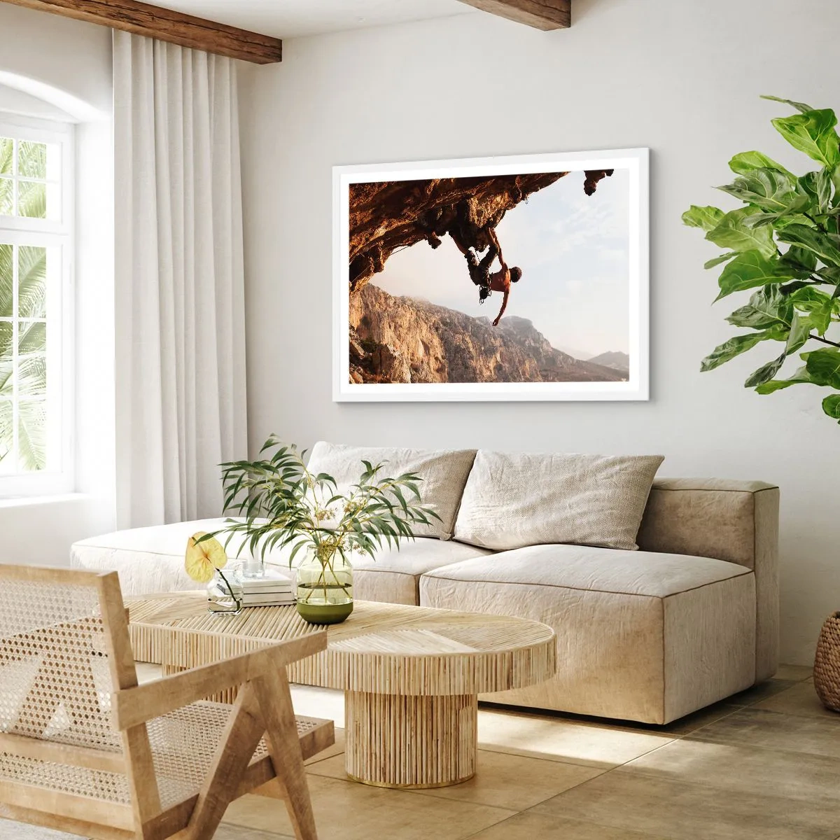 Poster in een witte lijst - De wereld gekrompen in een hand op een rotsblok  - 40x30 cm