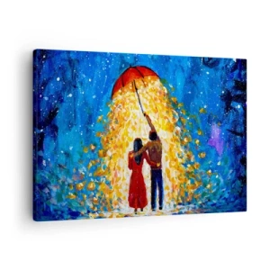 Schilderen op canvas - Een stel onder een rode paraplu in de lichtgevende regen - 70x50cm - De magie van een regenachtige avond? - Moderne wanddecoratie voor woonkamer en slaapkamer ARTTOR