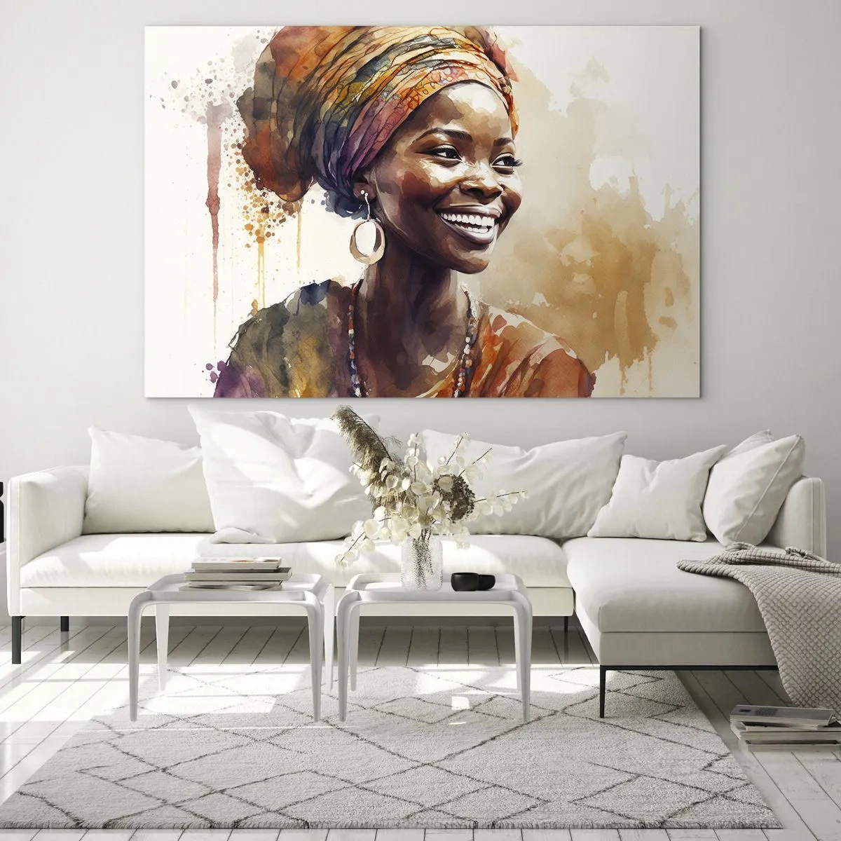 Schilderen op glas - Aquarelportret van een lachende vrouw met een tulband - 70x50cm - Afrikaanse koningin - Moderne wanddecoratie voor woonkamer en slaapkamer ARTTOR
