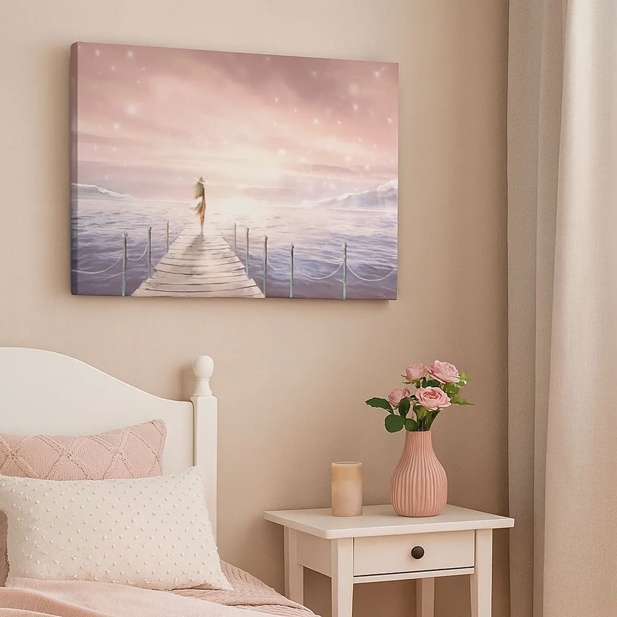 Schilderen op canvas - Een vrouw op een steiger in een magische zonsondergang - 70x50cm - In het licht van een droom - Moderne wanddecoratie voor woonkamer en slaapkamer ARTTOR