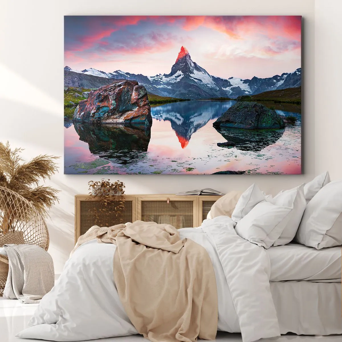 Schilderen op canvas - Een bergtop weerspiegeld in een meer bij zonsondergang - 70x50cm - Het hart van de bergen is heet - Moderne wanddecoratie voor woonkamer en slaapkamer ARTTOR