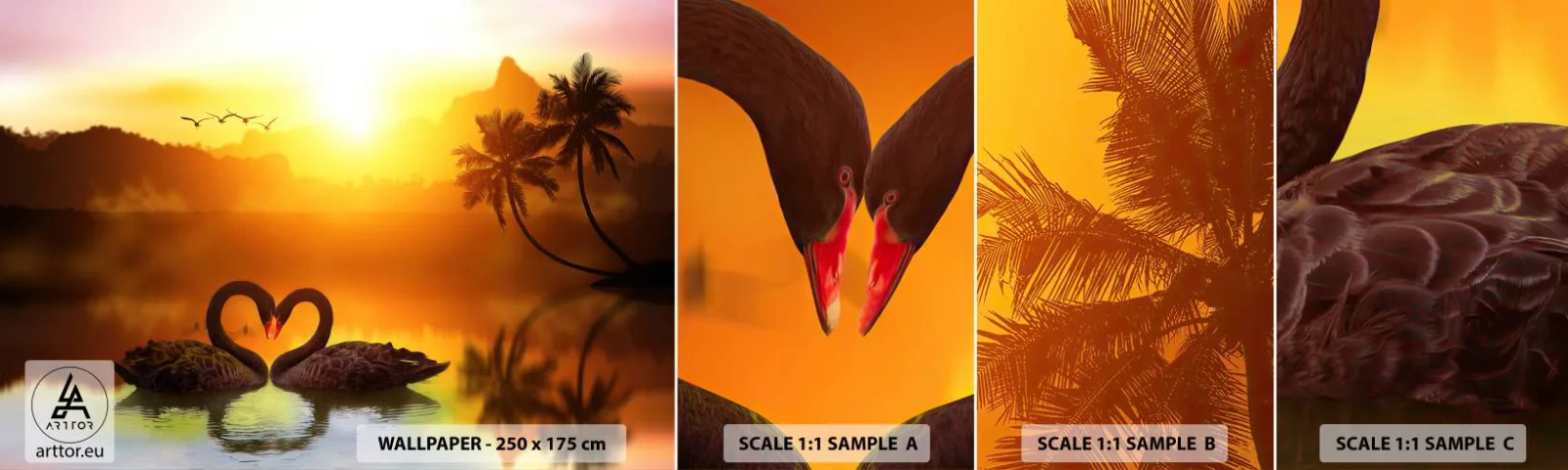 Fotobehang Monster Zelfklevend Deluxe Sticker - Alles gaat samen - Hart, Zwanen, Kokospalm - 100x30 cm