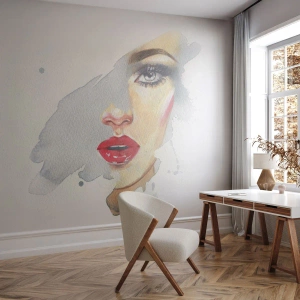 Fotobehang Standard Eco - Weerspiegeld in een druppel water - Het gezicht van de vrouw, Vrouw, rode lippen - 250x175 cm