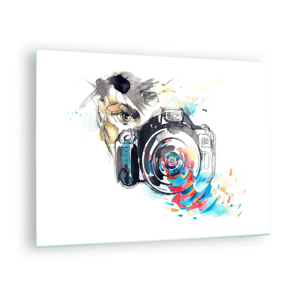 Schilderen op glas - Camera met abstracte kleurrijke elementen - 70x50cm - In het oog van de lens - Moderne wanddecoratie voor woonkamer en slaapkamer ARTTOR
