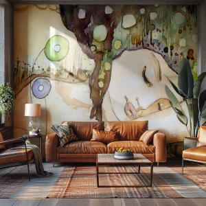 Fotobehang Premium Canvas - Een smaragd-violette droom - Abstractie, Vrouw, Illustratie - 500x350 cm