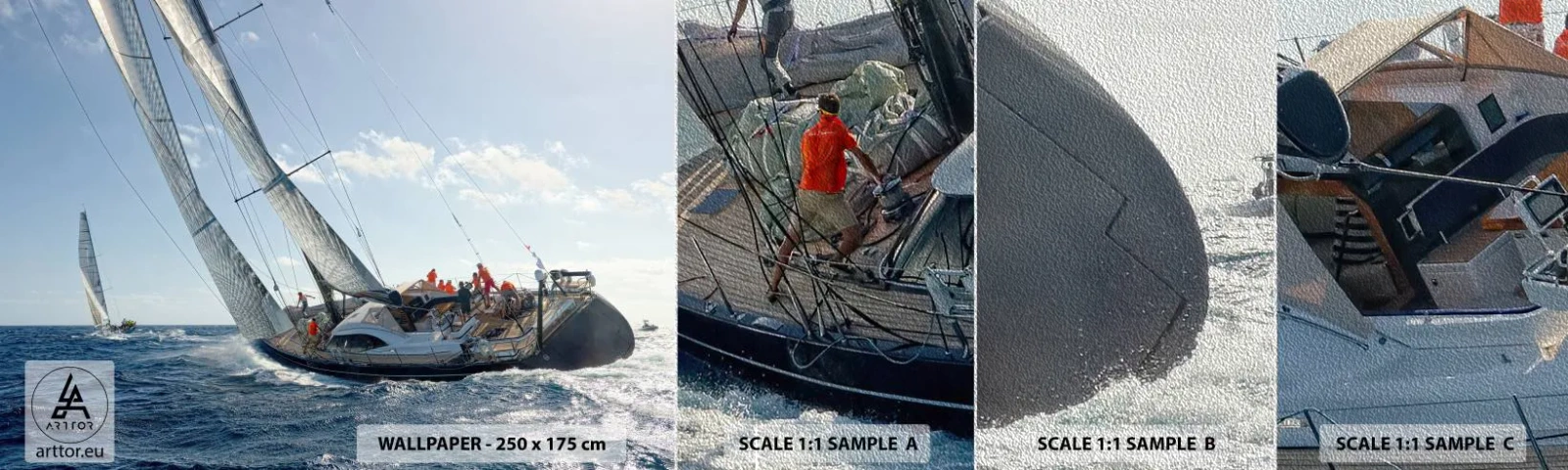 Fotobehang Monster Premium Sand - Laat de betere zegevieren - Zeiljacht, Regatta, Het zeilen - 100x30 cm